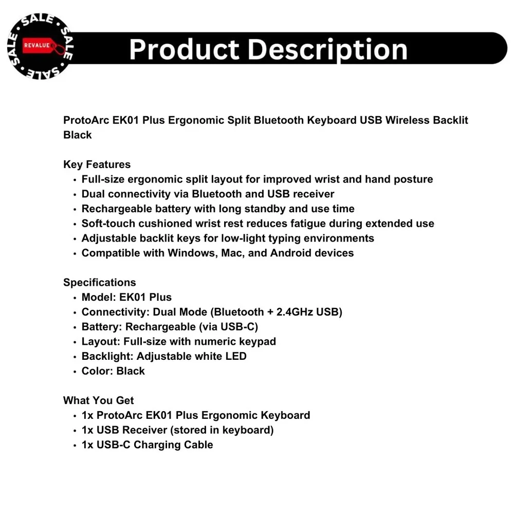 ProtoArc EK01 Plus Ergonomic Split Bluetooth Keyboard USB Wireless Backlit Black